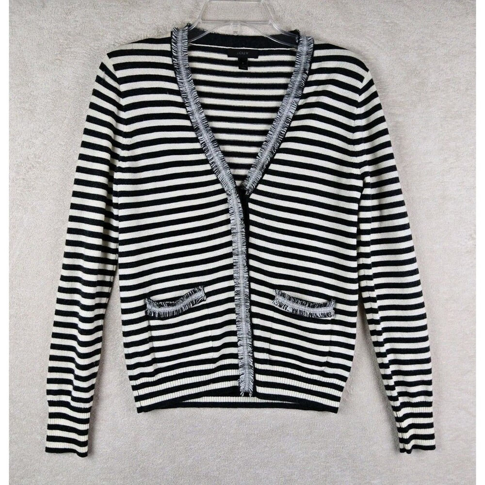 J Crew Women's Long Sleeve 100% Wool Striped Pocket Cardigan Sweater Size S